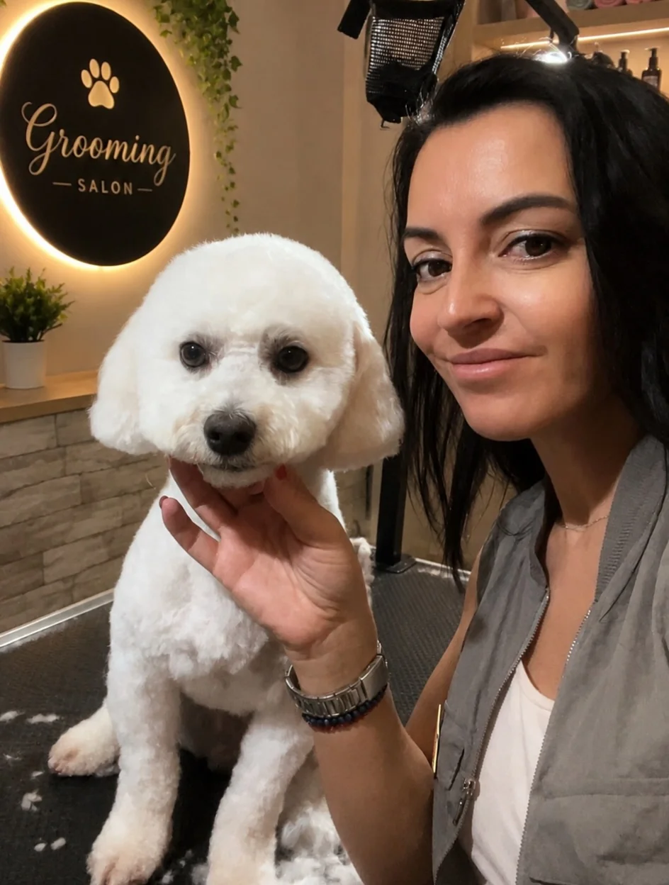 Aleksandra sa belim bišonom Čarlijem u salonu GroomerAna